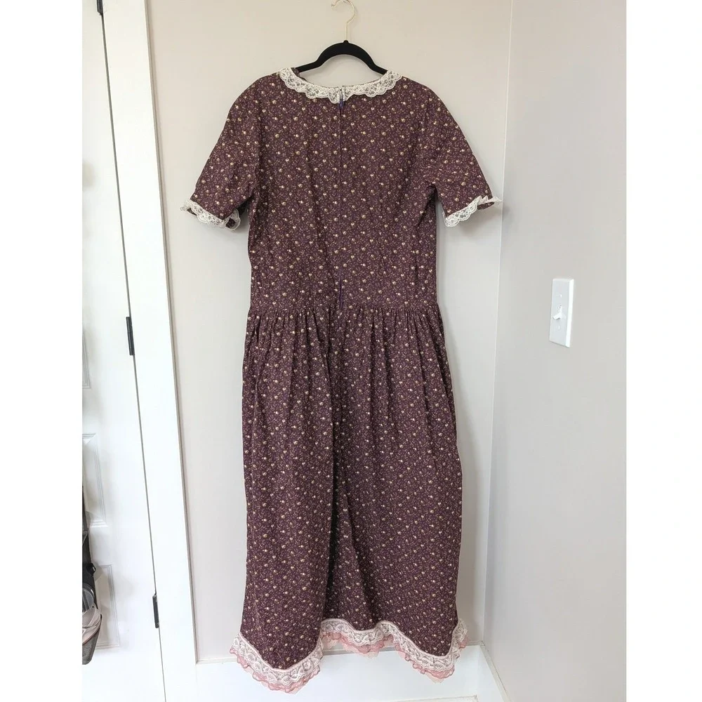 Vintage Plum Floral Calico Prairie Midi Dress Lace Trim Cottagecore XL Handmade - Picture 3 of 14